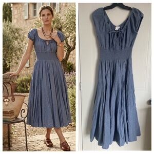 Cotton Smocked Midi Dress Blue Cottagecore S